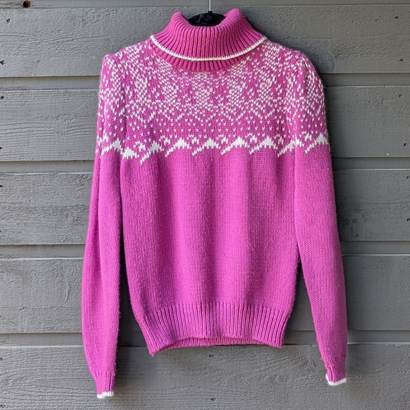 Vintage 1980s S-Kimo by Susie's Casuals Snowy Mountains Turtleneck Sweater Pink - Picture 1 of 8